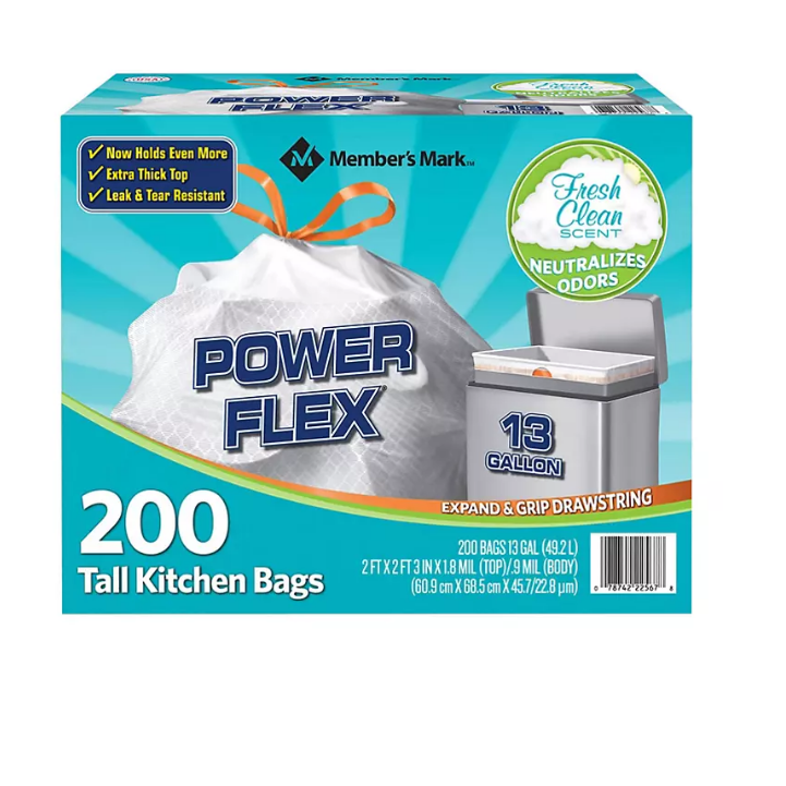 11.1_35c42485-f833-4bf3-95d4-79f516c20b2a.png Member's Mark Power Flex Tall Kitchen Drawstring Trash Bags (13 gal. 200 ct.) - Image 1