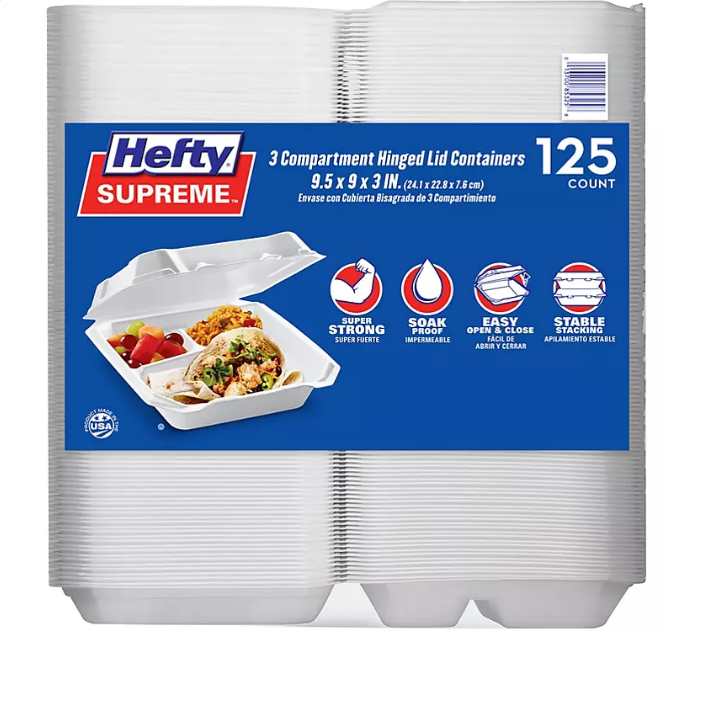 2.1_58c63245-e200-4e64-bfe9-42d0ee4cf94b.png Hefty Supreme Foam Hinged Lid Container, 3-Compartment (125 ct.) - Image 1