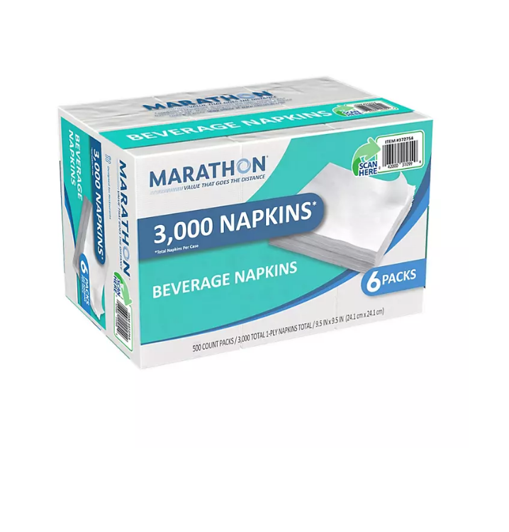 40.1_1ea3c58d-8755-4fab-8e65-77deec941b84.png Marathon Embossed Beverage Napkins, 1-Ply, 9 1/2" x 9 1/2", White (3000 ct.) - Image 1