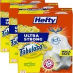 Hefty Ultra Strong 13 Gallon Trash Bags, Tall Kitchen Trash Bags 13 Gallon Size, Resist Leaks, Punctures, and Rips, Continuous Odor Control, White, Fabuloso Lemon Scent, 80 Bags| (Pack of 3)