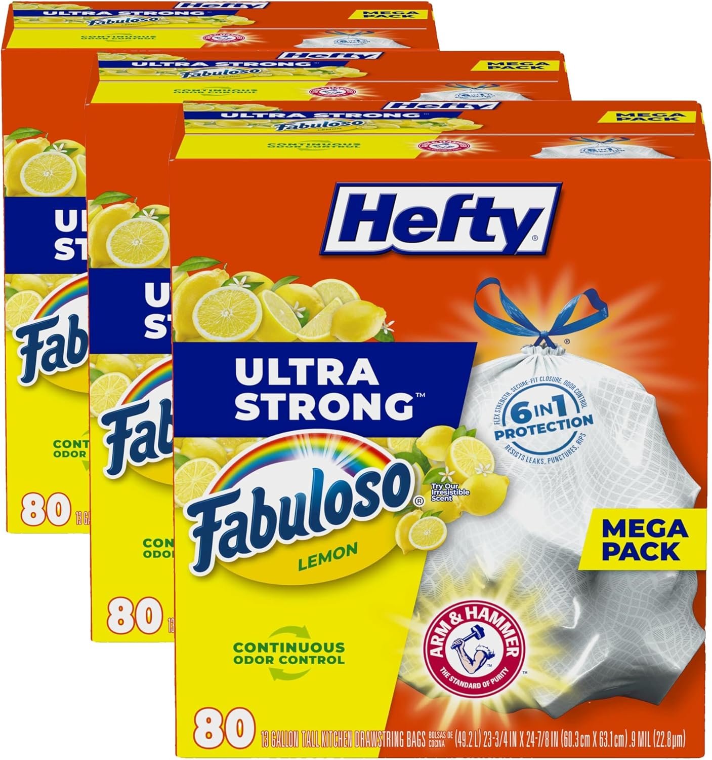 81LaxQwby3L._AC_SL1500_ Hefty Ultra Strong 13 Gallon Trash Bags, Tall Kitchen Trash Bags 13 Gallon Size, Resist Leaks, Punctures, and Rips, Continuous Odor Control, White, Fabuloso Lemon Scent, 80 Bags| (Pack of 3) - Image 1