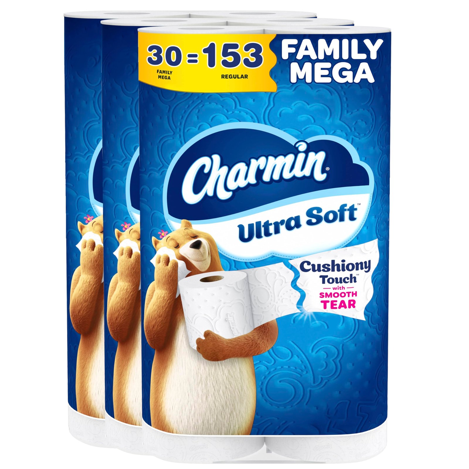 81uJaGLUf5L Charmin Ultra Soft Cushiony Touch Toilet Paper, 30 Family Mega = 153 Regular Rolls, 2-Ply, White - Image 1